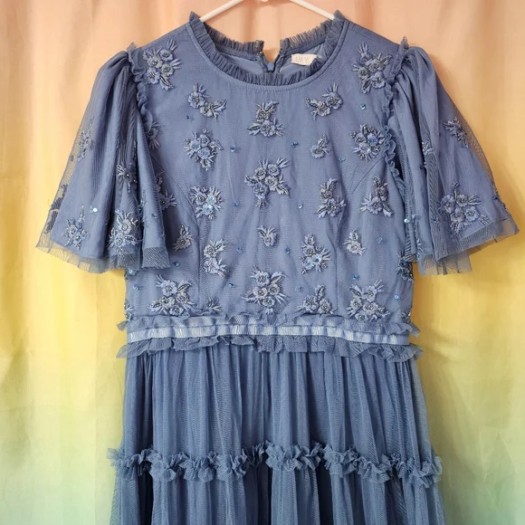 Ivy City Co Blue Anastasia Tiered Beaded Embellished Tulle Maxi Dress Formal - Picture 4 of 13